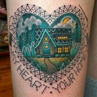 Medium size colored heart shaped tattoo stylized with night house with lettering