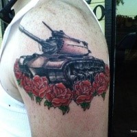 Medium size colored shoulder tattoo of American tank with flowers