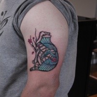Medium size colored shoulder tattoo of Manmon cat stylized with flowers
