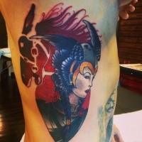 Medium size colored side tattoo of fantasy woman warrior