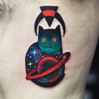 Medium size colored side tattoo of space cat by David Cote