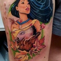 Medium size colored thigh tattoo of Pocahontas and bear