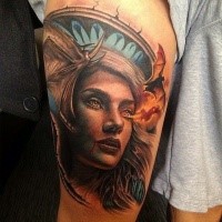 Medium size colored thigh tattoo of fantasy woman with bats