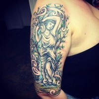 Medium size shoulder tattoo of antic Aquarius statue with trees