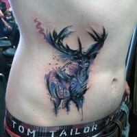 Medium size watercolor style colored waist tattoo of cute deer