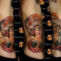Medium sized colored side tattoo of Asian geisha woman and natural looking tiger