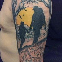 Memorial like colored camping father and son tattoo on shoulder