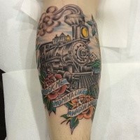 Memorial style colored leg tattoo of steam train combined with roses and lettering