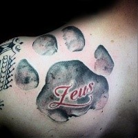 Memorial style colored shoulder tattoo of animal paw print and lettering