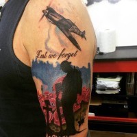Memorial style multicolored military tattoo shoulder tattoo with lettering