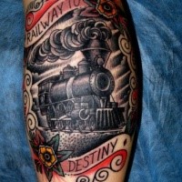 Memorial style train portrait tattoo with lettering