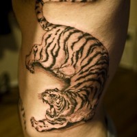 Menacing black tiger tattoo on ribs