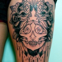 Mexican native detailed black and white on thigh tattoo of portrait shaped flowers