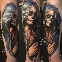 Mexican native realistic looking colorful forearm tattoo of beautiful woman portrait