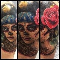 Mexican style colored beautiful woman portrait tattoo with red rose
