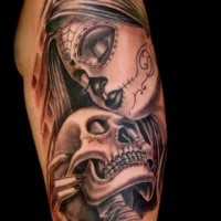 Mexican traditional colored shoulder tattoo of woman with skeleton