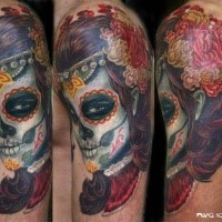 Mexican traditional colored shoulder tattoo of woman portrait with flowers
