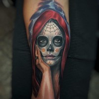 Mexican traditional detailed looking forearm tattoo of woman portrait