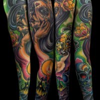 Mexican traditional multicolored various demonic portraits tattoo on sleeve with lettering