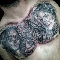 Mexican traditional style black ink chest tattoo women with flowers and pistol