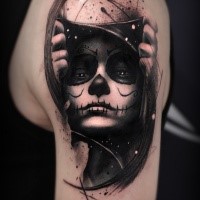 Mexican traditional style black ink shoulder tattoo of woman face