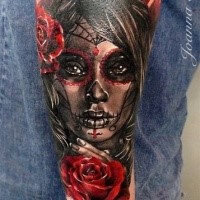 Mexican traditional style colored arm tattoo of woman face with rose