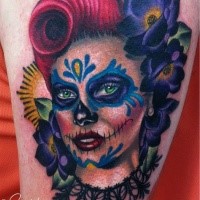 Mexican traditional style colored tattoo of woman face with flowers