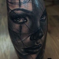 Mexican traditional style colored tattoo on big woman portrait
