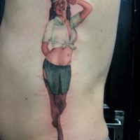 Military pin up girl tattoo on ribs by David Corden