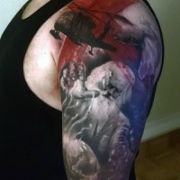 Military style colored big helicopter half sleeve tattoo