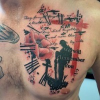 Military style colored memorial tattoo with soldier grave and lettering on chest
