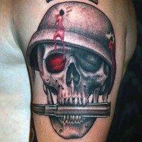 Military themed colored soldier skull with bullet upper arm tattoo