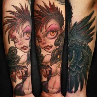 Modern cartoon style colored sexy witch tattoo on forearm with crows