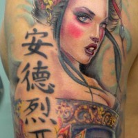 Modern cartoon style colored shoulder tattoo of sexy geisha with lettering