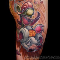 Modern cartoons like colored running rat tattoo on arm