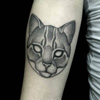 Modern dot style black ink forearm tattoo of cat mask