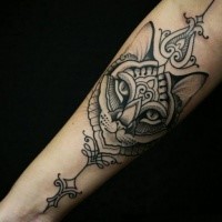 Modern dot style forearm tattoo of cat face with various ornaments