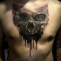 Modern fantasy style interesting designed chest tattoo of human skull with black liquid