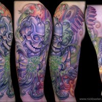 Modern horror cartoon like colored skeleton tattoo on shoulder with flower