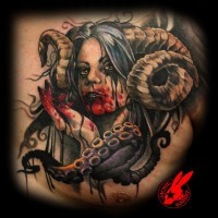 Modern horror cartoons style colored bloody demonic woman tattoo on chest