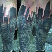 Modern horror movie night city zombies tattoo on leg