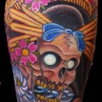 Modern Japanese style colored geisha skull with flowers tattoo