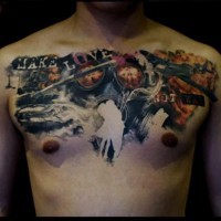 Modern military style colored chest tattoo with gas mask, planes and lettering