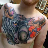 Modern school style colored funny elk tattoo on chest with maple leaves