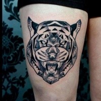 Modern style black ink thigh tattoo of angry tiger head