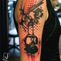 Modern style colored abstract tattoo stylized with gas mask