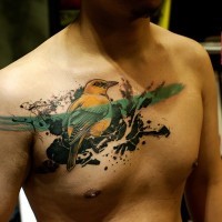Modern style colored and painted cute bird tattoo on chest with blue horizontal line