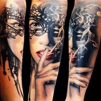 Modern style colored arm tattoo of seductive woman with mask and smoke