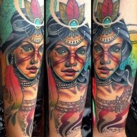 Modern style colored arm tattoo of beautiful tribal woman