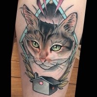 Modern style colored arm tattoo of beautiful painted cat with little house